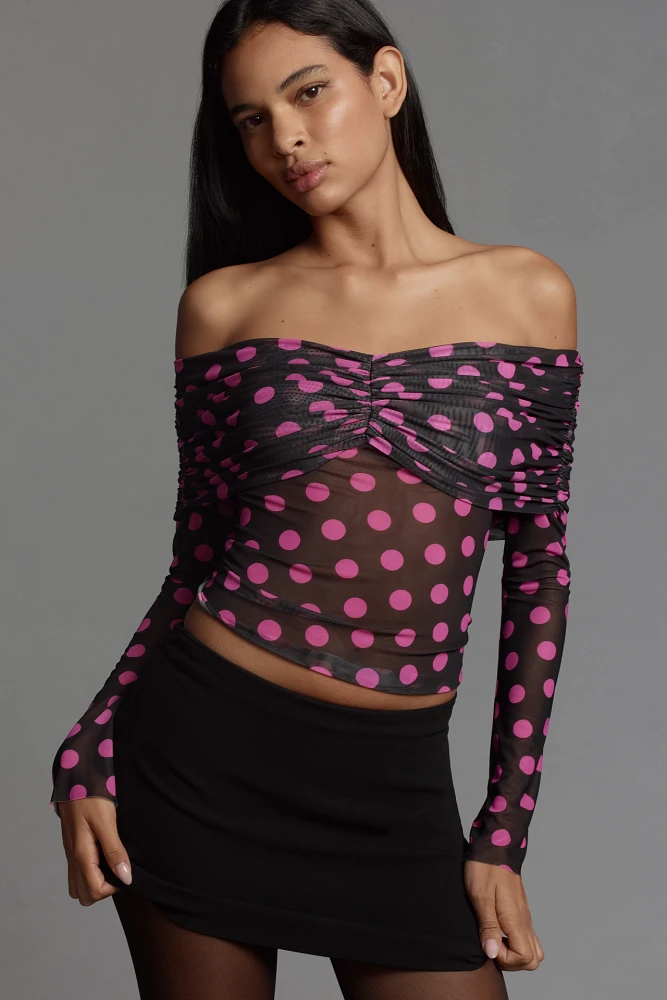 AFRM Lilith Off-The-Shoulder Mesh Long-Sleeve Top