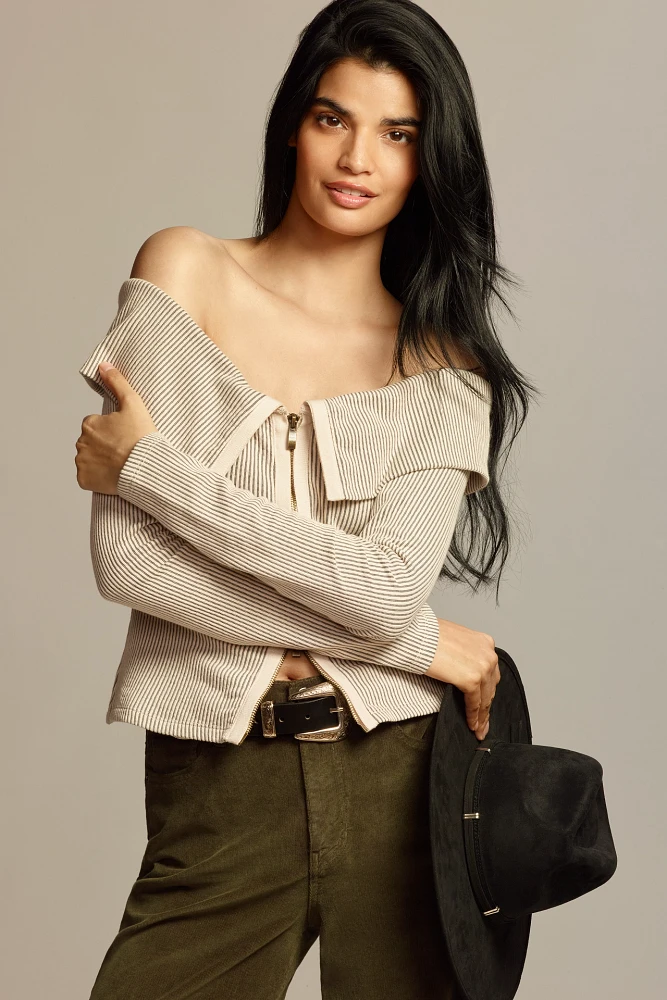 By Anthropologie Off-The-Shoulder Zip-Front Ribbed Top