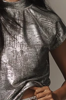 Pilcro Cap-Sleeve Mock-Neck Metallic Top