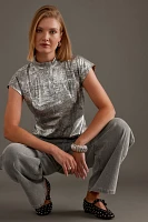 Pilcro Cap-Sleeve Mock-Neck Metallic Top