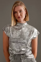 Pilcro Cap-Sleeve Mock-Neck Metallic Top