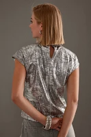 Pilcro Cap-Sleeve Mock-Neck Metallic Top