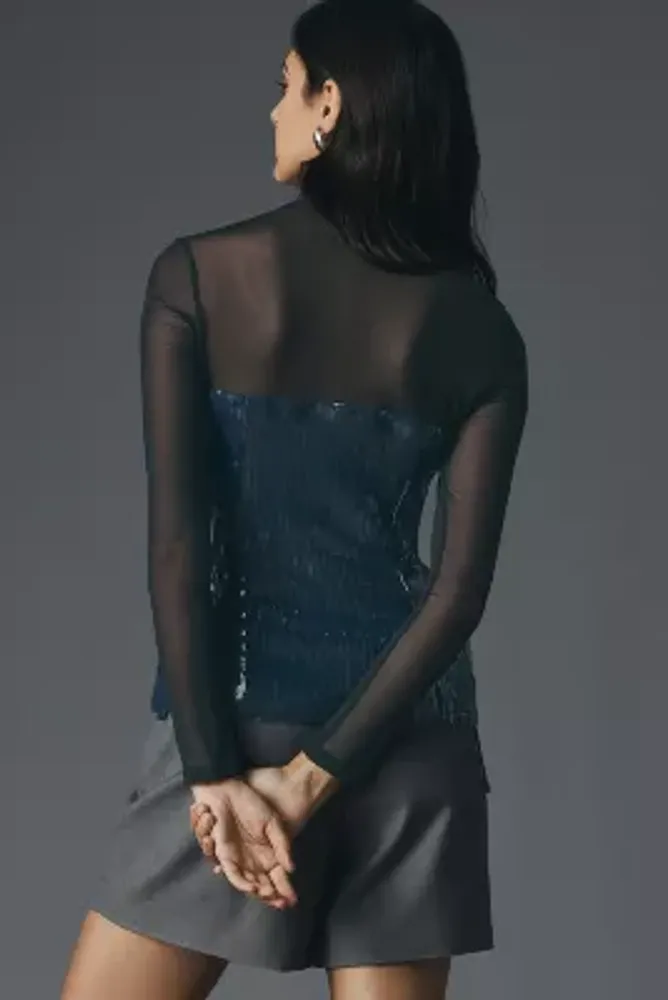 Maeve Long-Sleeve Sheer Sequin Top