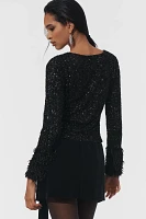 Maeve Faux-Fur Sleeve Sequin Top