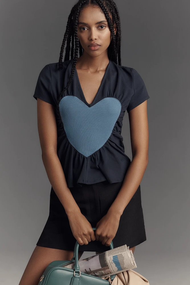 Maeve Heart Embellished V-Neck Tee