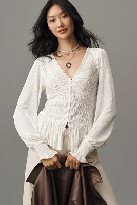 By Anthropologie Long-Sleeve Smocked V-Neck Top