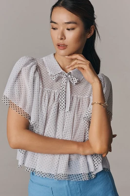 Maeve Short-Sleeve Bow Collared Sheer Swing Blouse