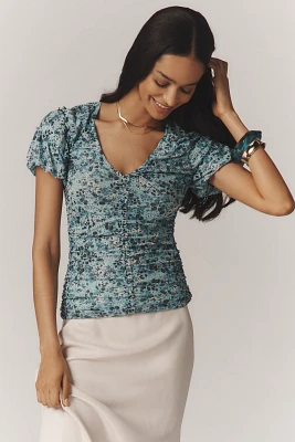 By Anthropologie Short-Sleeve Shirred Mesh Top