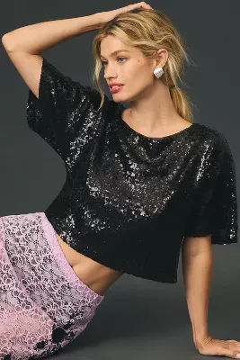 By Anthropologie Sequin Cropped Tee