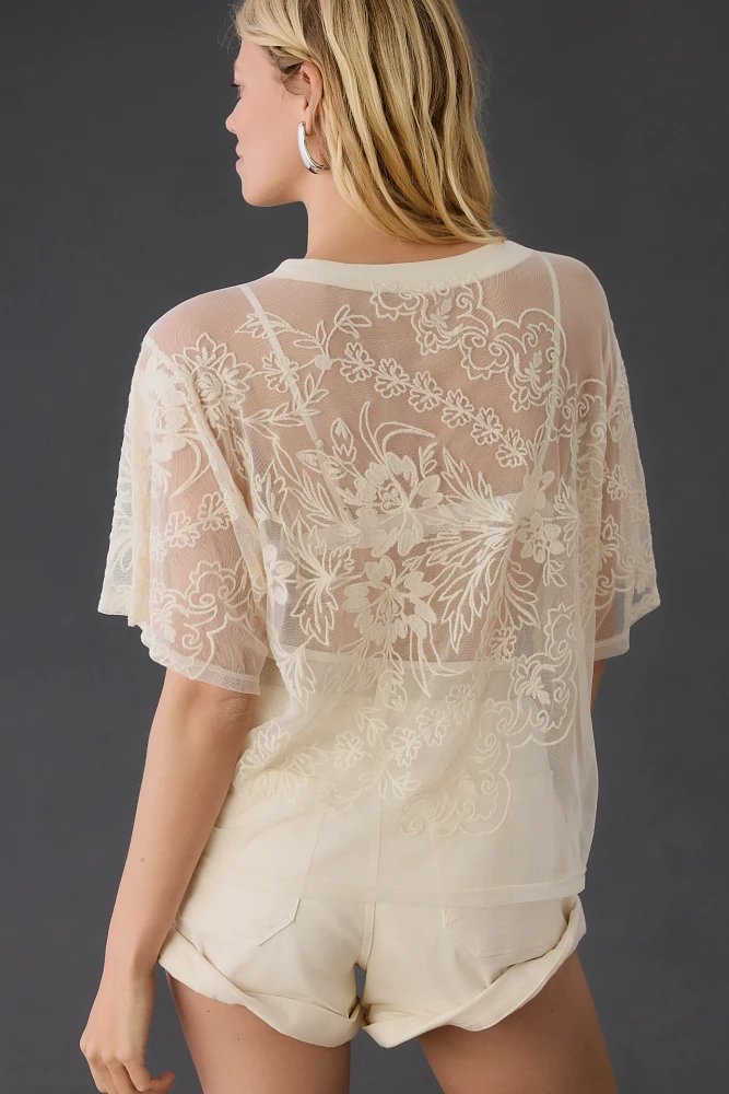 By Anthropologie Short-Sleeve Embroidered Mesh Top