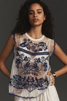 By Anthropologie Embroidered Ruffle Muscle Tee