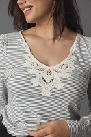 Maeve Lace Detail Puff-Shoulder Long-Sleeve Knit Top