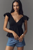 By Anthropologie Cotton Flutter-Sleeve V-Neck Babydoll Top