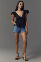 By Anthropologie Cotton Flutter-Sleeve V-Neck Babydoll Top