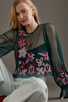 By Anthropologie Long-Sleeve Embroidered Mesh Top