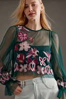 By Anthropologie Long-Sleeve Embroidered Mesh Top