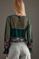 By Anthropologie Long-Sleeve Embroidered Mesh Top