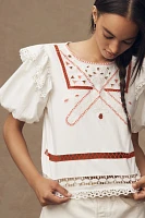 By Anthropologie Puff-Sleeve Cutwork Top