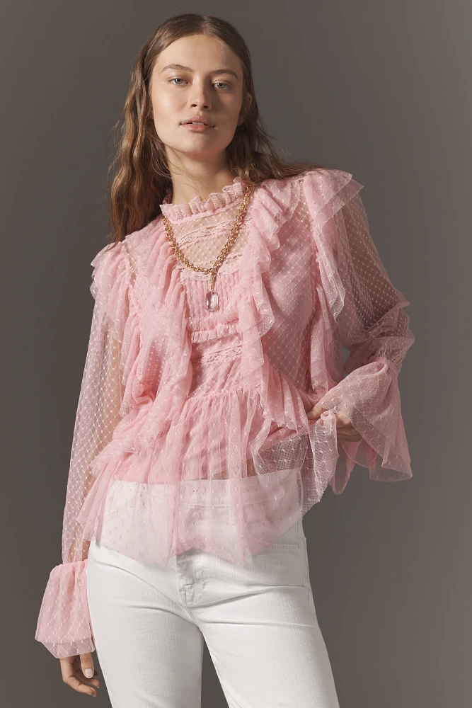 By Anthropologie Long-Sleeve Ruffle Sheer Blouse