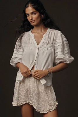 By Anthropologie Puff-Sleeve Swiss Dot Blouse
