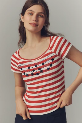 Maeve Embroidered Flowers Scoop-Neck Tee