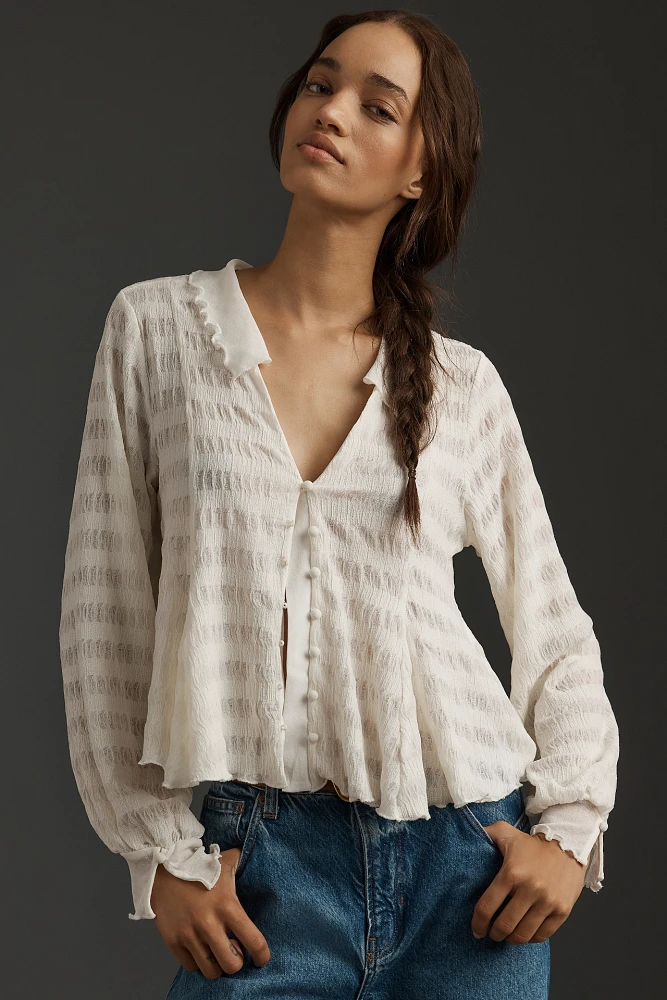 By Anthropologie Long-Sleeve Button-Front Textured Blouse