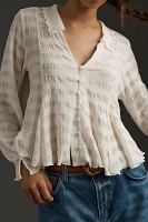 By Anthropologie Long-Sleeve Button-Front Textured Blouse