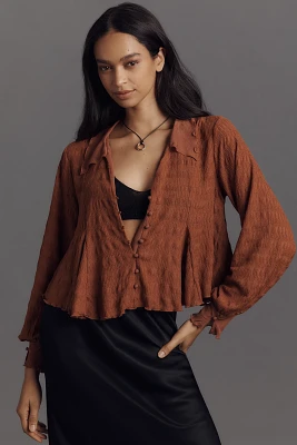 By Anthropologie Long-Sleeve Button-Front Textured Blouse