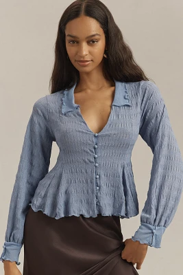 By Anthropologie Long-Sleeve Button-Front Textured Blouse