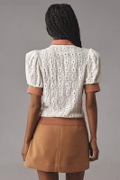 Maeve Puff-Sleeve Lace Polo Top