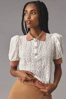 Maeve Puff-Sleeve Lace Polo Top