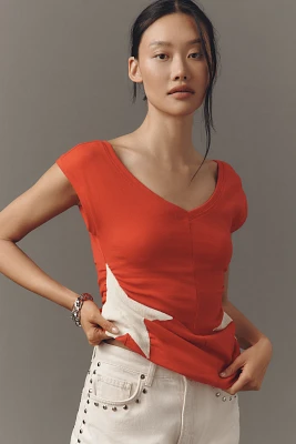 Maeve Short-Sleeve V-Neck Star-Detail Tee