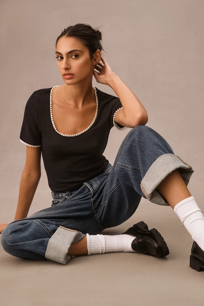 Canapé Pearl-Trim Scoop-Neck Tee