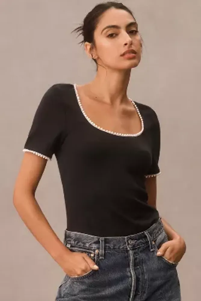 Canapé Pearl-Trim Scoop-Neck Tee