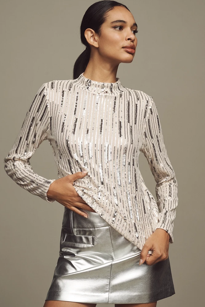 Sanctuary Long-Sleeve Mock-Neck Sequin Top