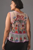 By Anthropologie Floral Embroidered Sheer Mesh Tank