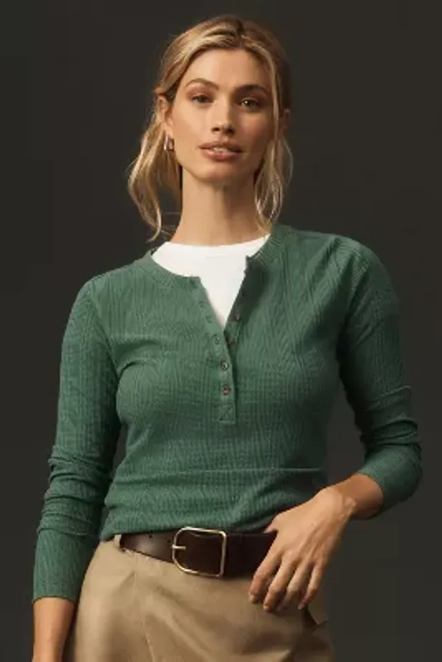 Pilcro Ribbed Long-Sleeve Henley Top