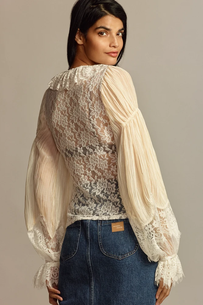 By Anthropologie Wide-Sleeve Sheer Lace Top
