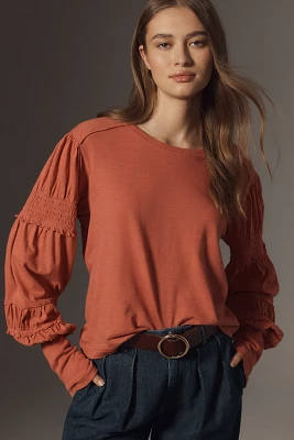 Pilcro Crew-Neck Ruched & Smocked-Sleeve Top