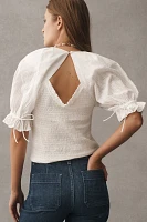 By Anthropologie Seersucker Smocked Puff-Sleeve Crop Top