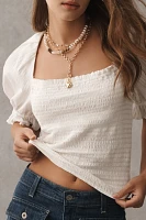 By Anthropologie Seersucker Smocked Puff-Sleeve Crop Top