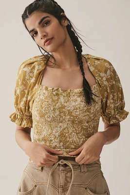 By Anthropologie Seersucker Smocked Puff-Sleeve Crop Top