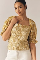 By Anthropologie Seersucker Smocked Puff-Sleeve Crop Top