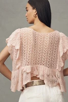 By Anthropologie Flutter-Sleeve Pointelle Cashmere Sweater Tee