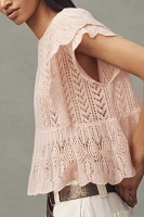 By Anthropologie Flutter-Sleeve Pointelle Cashmere Sweater Tee