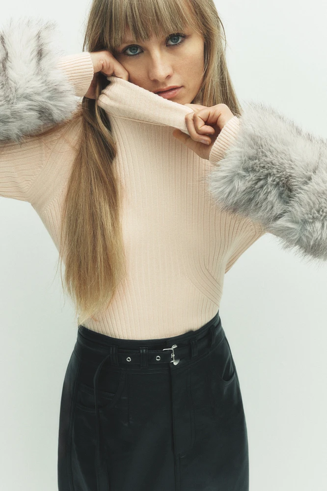 Maeve Faux-Fur Cuff Ribbed Turtleneck Sweater