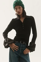 Maeve Satin-Cuff Polo Sweater