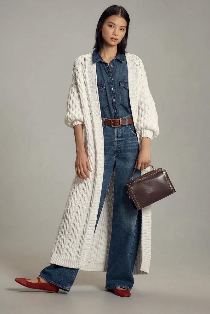 Maeve Puff-Sleeve Cable Duster Sweater