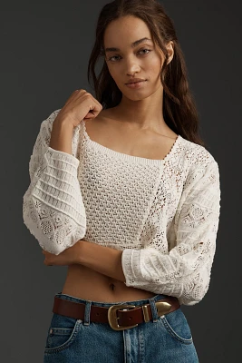 By Anthropologie Mixed-Lace Cropped Pullover Sweater