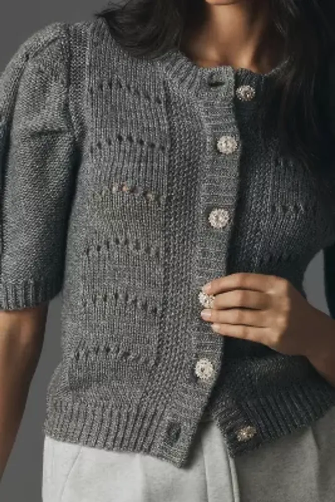 English Factory Short-Sleeve Pointelle Cardigan Sweater